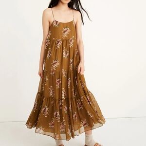 Madewell Floral Olive Maxi Dress With Metallic Stripe Details